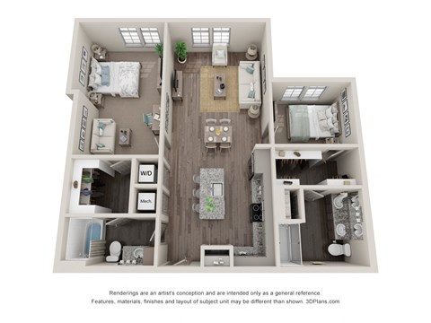 Floor plan for 2 beds, 2 baths, 1146 sqft